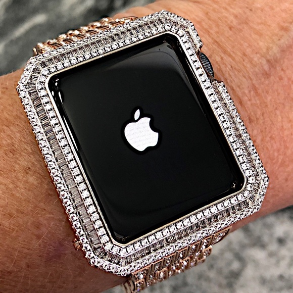 New Apple Watch Case Rose gold with baguette and round Various Sizes - Picture 1 of 2